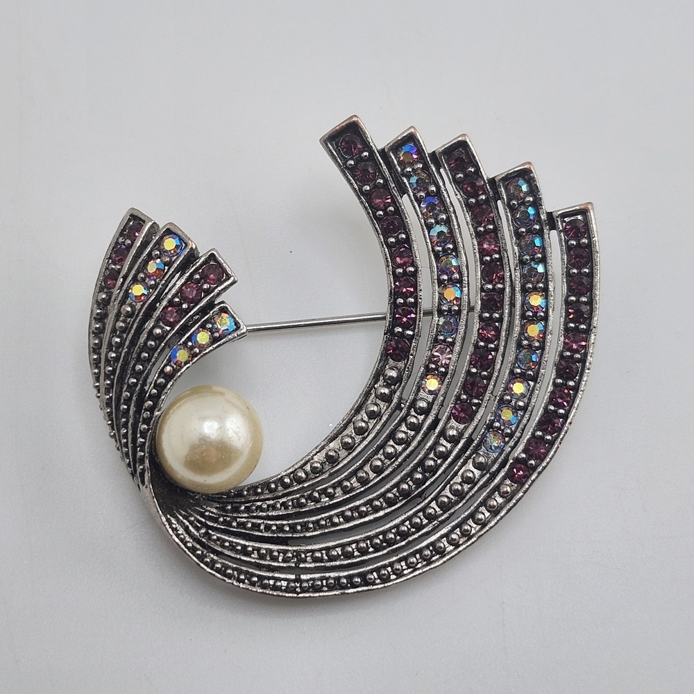 VINTAGE SPIRALING PEARL & MARCASITE PIN BROOCH Silvertone‎